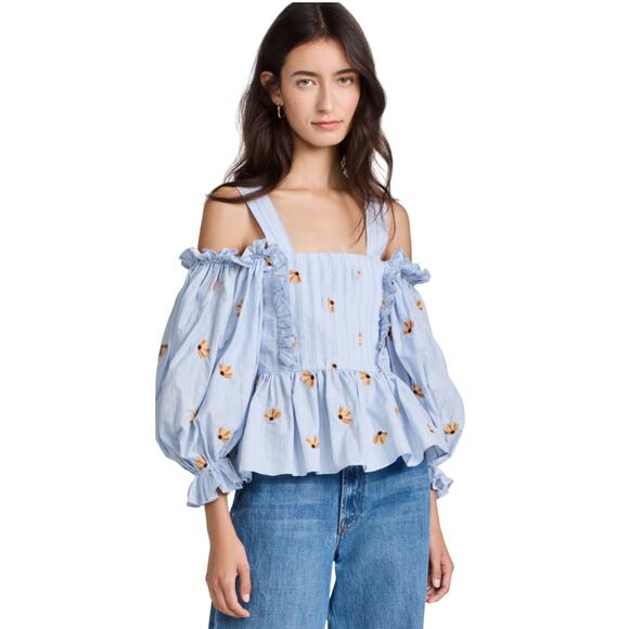 Lud Von Siga Blue Cotton Pleat Off Shoulder Puff Sleeve Peplum Daisy Blouse - Picture 1 of 8